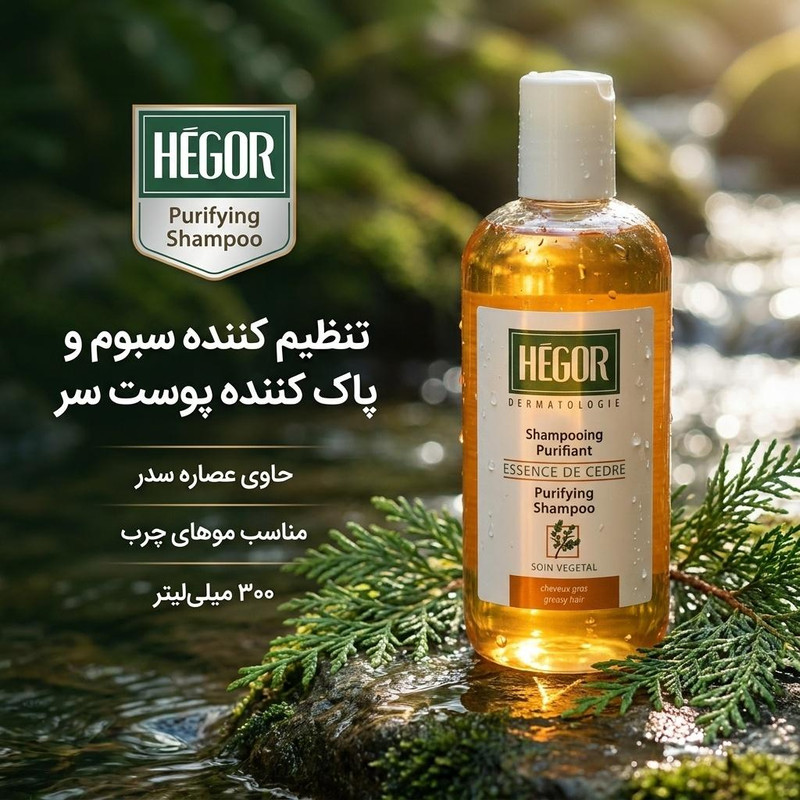 شامپو مو هگور مدل سدر حجم 300 میلیلیتر، مناسب موهای چرب و معمولی، تنظیم کننده سبوم، ضد شوره، تقویت کننده و افزایش رشد مو، پاک کننده پوست سر، نرم و درخشانکننده