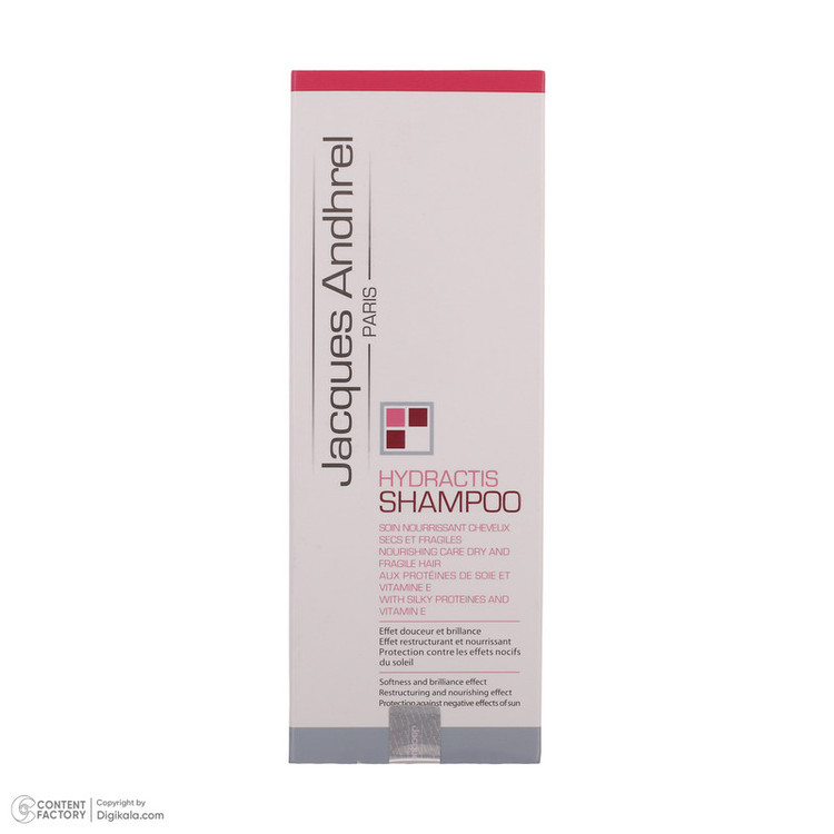شامپو تقویت کننده مو ژاک آندرل پاریس مدل HYDRACTIS حجم 200 میلیلیتر، حاوی پروتئین هیدرولیز شده ابریشم طبیعی، افزایش رطوبت و مقاومت مو، ضد شوره و ریزش، محافظت با ویتامین E