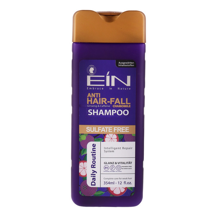 شامپو ضد ریزش مو ای آی ان مدل Ginseng And Caffeine حجم 354 میلیلیتر، مناسب موهای کمحجم و معمولی، مرطوبکننده، محکمکننده، ترمیمکننده و بازسازیکننده، بدون سولفات و تست حیوانی