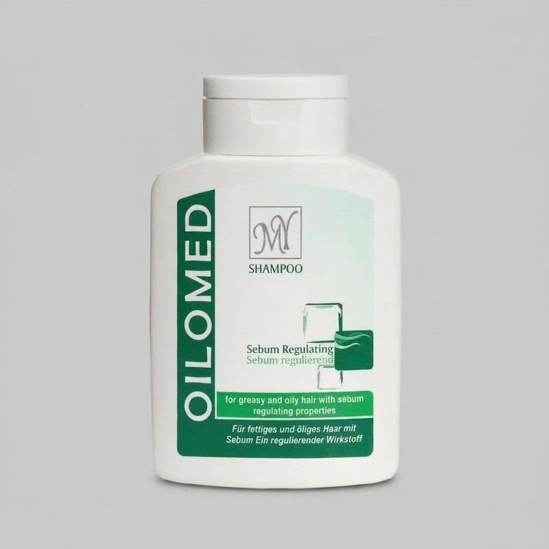 شامپو مو مای مدل Oilomed حجم 200 میلی‌لیتر، کاهش چربی پوست سر، تقویت ریشه و ساقه مو، اثر بازسازی کننده و تنظیم تولید هورمون DHT