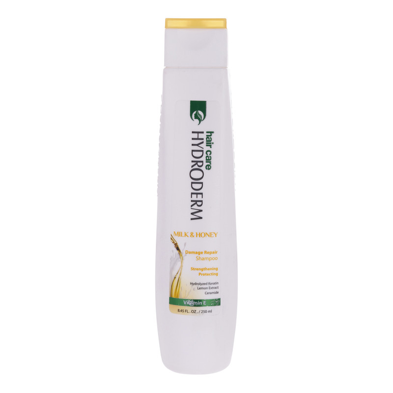 شامپو مو هیدرودرم مدل Milk and Honey حجم 250 میلیلیتر، تقویتکننده، ترمیمکننده، براق کننده، مناسب موهای آسیب دیده، حاوی عصاره شیر و عسل