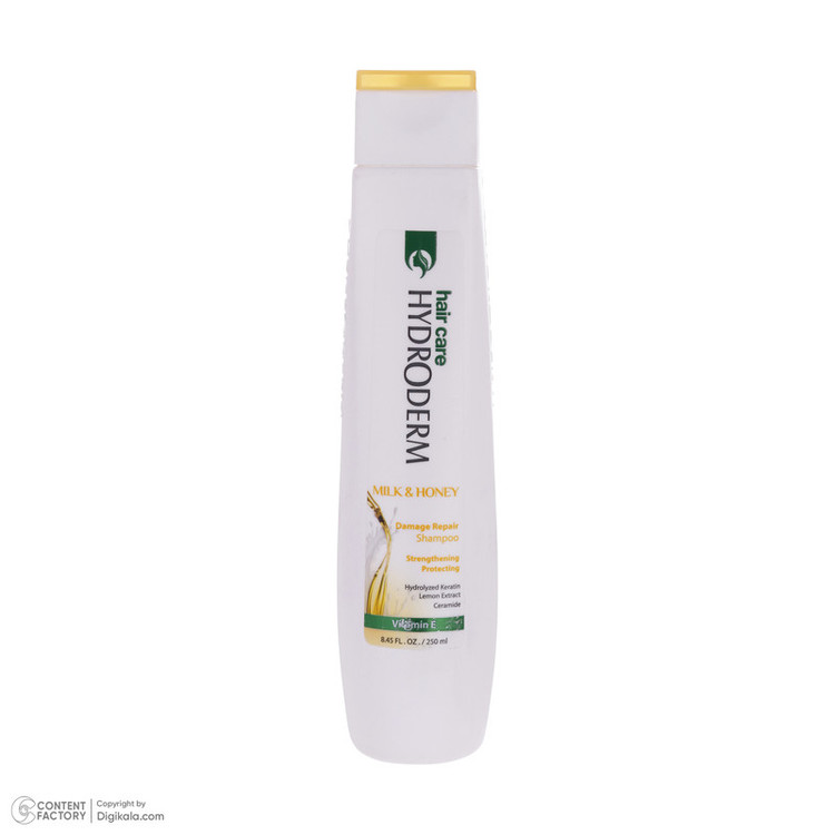 شامپو مو هیدرودرم مدل Milk and Honey حجم 250 میلیلیتر، تقویتکننده، ترمیمکننده، براق کننده، مناسب موهای آسیب دیده، حاوی عصاره شیر و عسل