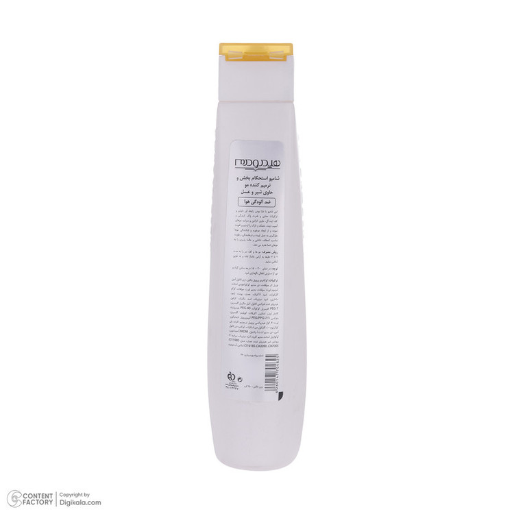 شامپو مو هیدرودرم مدل Milk and Honey حجم 250 میلیلیتر، تقویتکننده، ترمیمکننده، براق کننده، مناسب موهای آسیب دیده، حاوی عصاره شیر و عسل