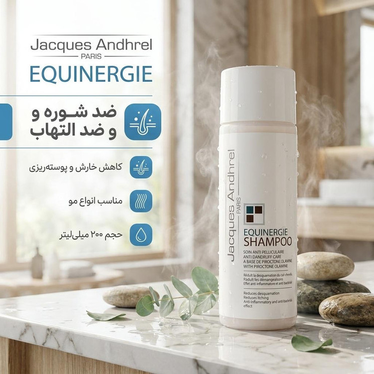 شامپو ضد شوره مو ژاک آندرل پاریس مدل EQUINERGIE حجم 200 میلیلیتر، ضد التهاب، ضد قارچ، مناسب انواع مو، کاهش خارش و پوستهریزی