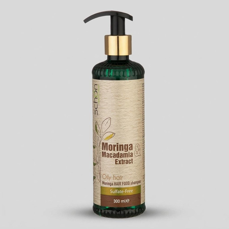 شامپو تقویت کننده مو شون مدل Moringa sulfate-free حجم 300 میلیلیتر، نرمکننده، تنظیمکننده چربی پوست سر، مغذی، مناسب موهای چرب، حاوی عصاره مورینگا و ماکادمیا