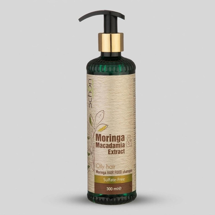 شامپو تقویت کننده مو شون مدل Moringa sulfate-free حجم 300 میلیلیتر، نرمکننده، تنظیمکننده چربی پوست سر، مغذی، مناسب موهای چرب، حاوی عصاره مورینگا و ماکادمیا