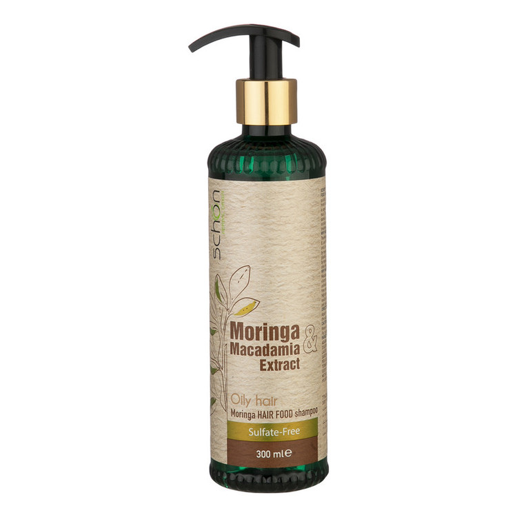 شامپو تقویت کننده مو شون مدل Moringa sulfate-free حجم 300 میلیلیتر، نرمکننده، تنظیمکننده چربی پوست سر، مغذی، مناسب موهای چرب، حاوی عصاره مورینگا و ماکادمیا