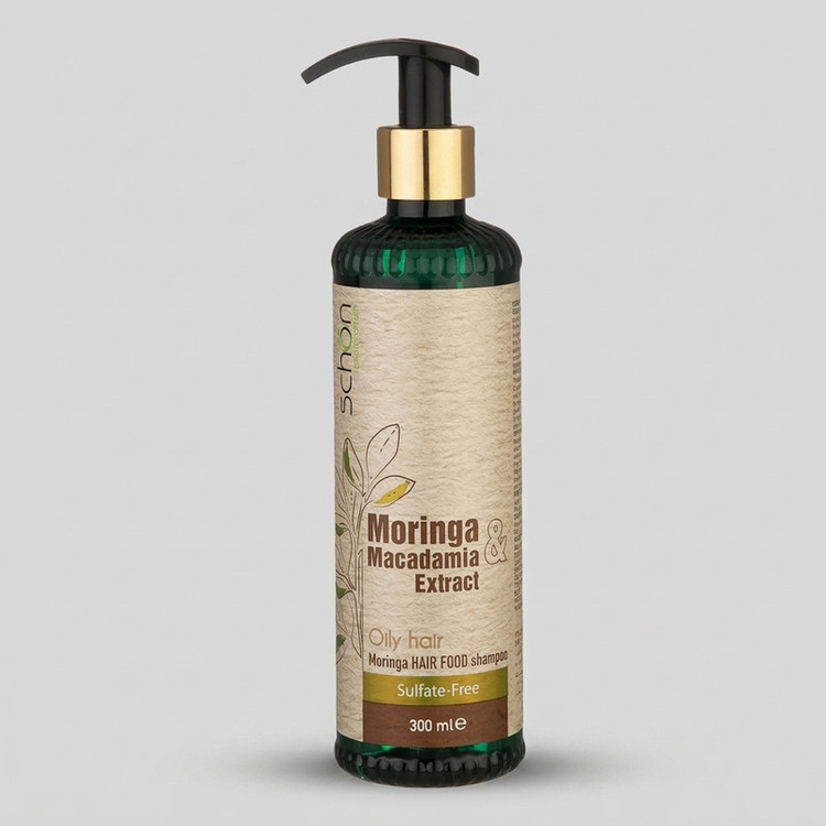 شامپو تقویت کننده مو شون مدل Moringa sulfate-free حجم 300 میلیلیتر، نرمکننده، تنظیمکننده چربی پوست سر، مغذی، مناسب موهای چرب، حاوی عصاره مورینگا و ماکادمیا