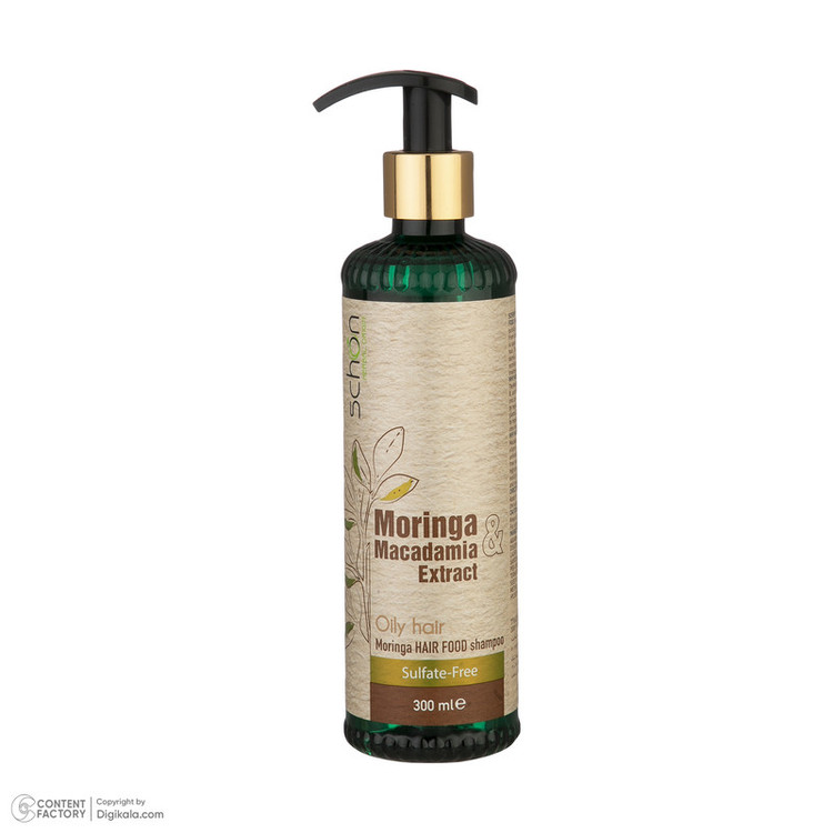 شامپو تقویت کننده مو شون مدل Moringa sulfate-free حجم 300 میلیلیتر، نرمکننده، تنظیمکننده چربی پوست سر، مغذی، مناسب موهای چرب، حاوی عصاره مورینگا و ماکادمیا