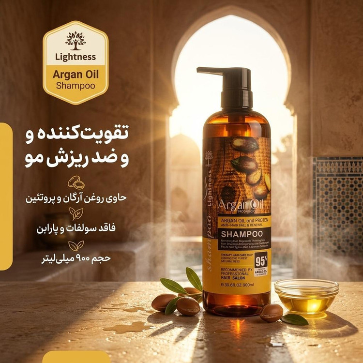 شامپو تقویتکننده و ضد ریزش مو لایتنس مدل Argan Oil حجم 900 میلیلیتر، حاوی روغن آرگان و پروتئین، مناسب انواع مو، نرمکننده، حجمدهنده، فاقد سولفات و پارابن