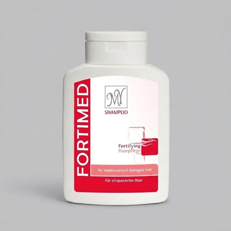 شامپو تقویتکننده مو مای مدل Fortimed حجم 200 میلیلیتر، مناسب موهای آسیب دیده، نرمکننده و تقویتکننده، حاوی پروتئین هیدرولیز شده ابریشم و کافئین، افزایش رشد و درخشندگی مو، مخصوص خانمها