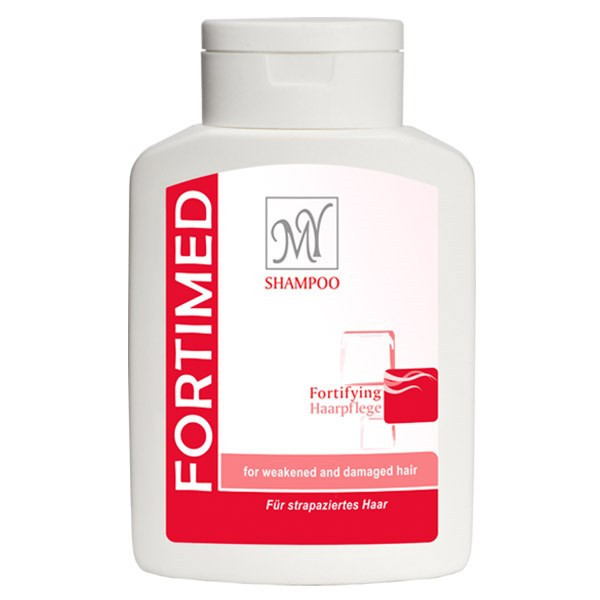 شامپو تقویتکننده مو مای مدل Fortimed حجم 200 میلیلیتر، مناسب موهای آسیب دیده، نرمکننده و تقویتکننده، حاوی پروتئین هیدرولیز شده ابریشم و کافئین، افزایش رشد و درخشندگی مو، مخصوص خانمها