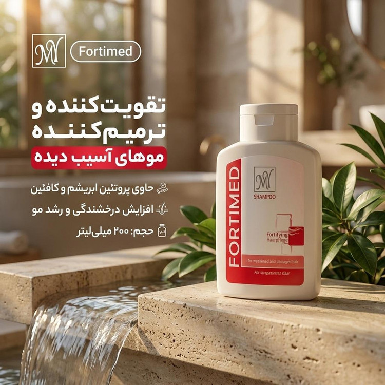شامپو تقویتکننده مو مای مدل Fortimed حجم 200 میلیلیتر، مناسب موهای آسیب دیده، نرمکننده و تقویتکننده، حاوی پروتئین هیدرولیز شده ابریشم و کافئین، افزایش رشد و درخشندگی مو، مخصوص خانمها