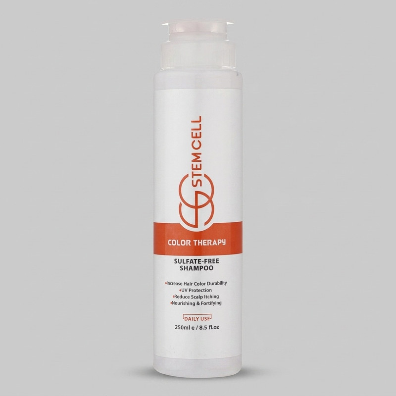 شامپو مو رنگ شده استم سل مدل Sulfate Free حجم 250 میلی‌لیتر، ضد ریزش، تقویت‌کننده، ترمیم‌کننده، تثبیت‌کننده رنگ، محافظت در برابر اشعه UV، براق‌کننده، حاوی روغن گل گاوزبان، کالاندولا، پروویتامین B5 و عصاره آلوئه‌ورا