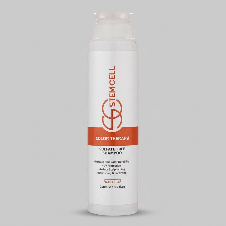 شامپو مو رنگ شده استم سل مدل Sulfate Free حجم 250 میلیلیتر، ضد ریزش، تقویتکننده، ترمیمکننده، تثبیتکننده رنگ، محافظت در برابر اشعه UV، براقکننده، حاوی روغن گل گاوزبان، کالاندولا، پروویتامین B5 و عصاره آلوئهورا