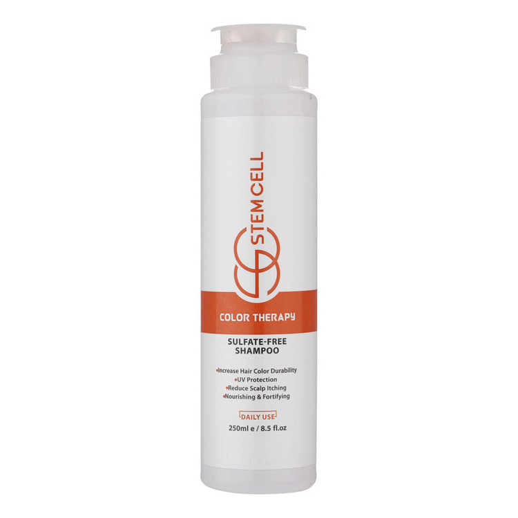 شامپو مو رنگ شده استم سل مدل Sulfate Free حجم 250 میلیلیتر، ضد ریزش، تقویتکننده، ترمیمکننده، تثبیتکننده رنگ، محافظت در برابر اشعه UV، براقکننده، حاوی روغن گل گاوزبان، کالاندولا، پروویتامین B5 و عصاره آلوئهورا