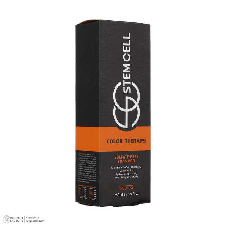 شامپو مو رنگ شده استم سل مدل Sulfate Free حجم 250 میلیلیتر، ضد ریزش، تقویتکننده، ترمیمکننده، تثبیتکننده رنگ، محافظت در برابر اشعه UV، براقکننده، حاوی روغن گل گاوزبان، کالاندولا، پروویتامین B5 و عصاره آلوئهورا