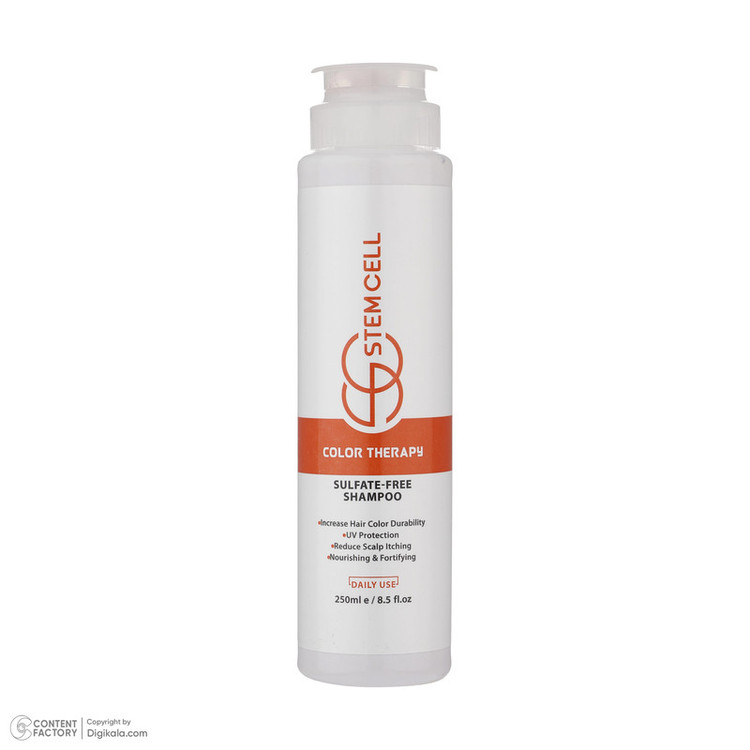 شامپو مو رنگ شده استم سل مدل Sulfate Free حجم 250 میلیلیتر، ضد ریزش، تقویتکننده، ترمیمکننده، تثبیتکننده رنگ، محافظت در برابر اشعه UV، براقکننده، حاوی روغن گل گاوزبان، کالاندولا، پروویتامین B5 و عصاره آلوئهورا
