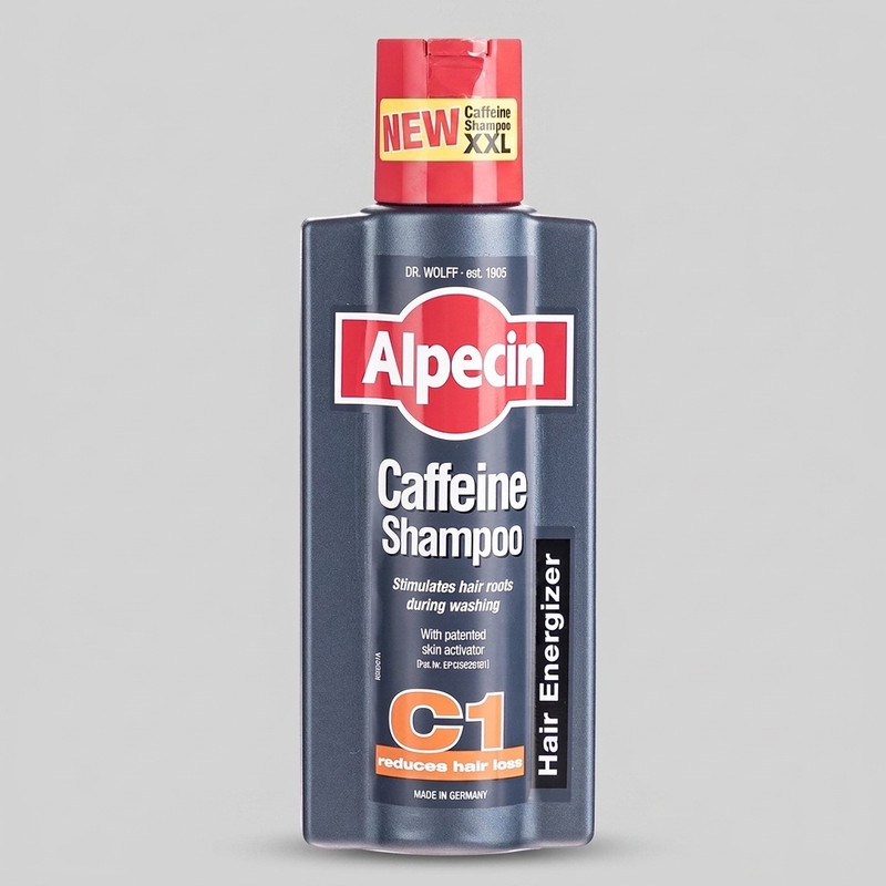 شامپو ضد ریزش مو آلپسین مدل Caffeine C1 حجم 375 میلیلیتر، حاوی کراتین و کمپلکس کافئین و نعناع، تقویتکننده ریشه مو، افزایش ضخامت و حجمدهنده، مناسب برای انواع مو و آقایان