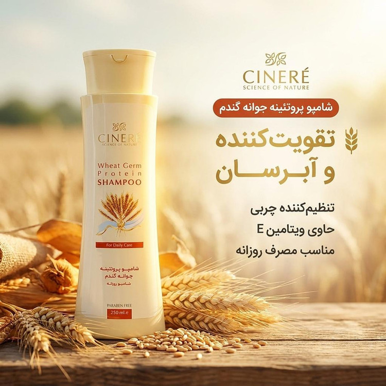 شامپو پروتئینه جوانه گندم سینره حجم 250 میلیلیتر، تنظیمکننده چربی، تقویتکننده، آبرسان، مناسب مصرف روزانه، سازگار با انواع مو، حاوی ویتامین E