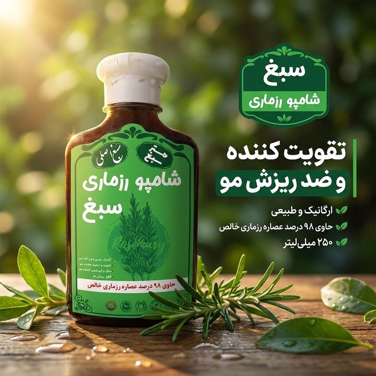 شامپو تقویت کننده و ضد ریزش مو سبغ مدل رزماری، ارگانیک، ضد شوره، ضد التهاب، مغذی، مناسب انواع مو، حجم 250 میلیلیتر