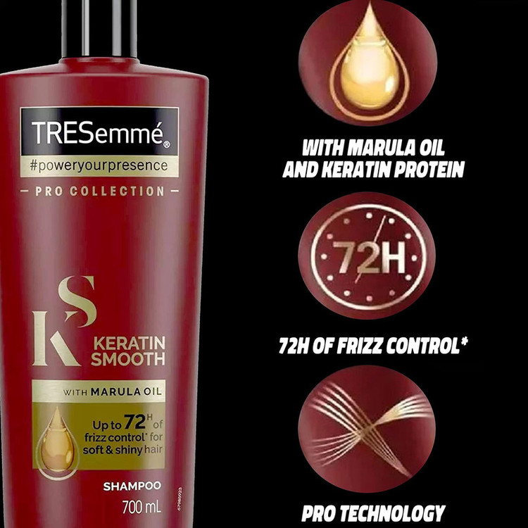 شامپو تقویتکننده مو ترزمی مخصوص پوست سر معمولی و انواع مو، حجم 700 میلیلیتر مدل keratin smooth، آبرسان، ترمیمکننده، میزانسازی چربی مو و پوست سر، جلوگیری از وزشدن مو با عصاره روغن مارولا