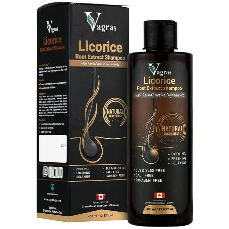 شامپو تقویت کننده و ضد ریزش مو واگراس مدل licorice با عصاره ریشه لیکوریس، روغن کرچک، عصاره نعنا و آلوئه ورا حجم 400 میلیلیتر مناسب انواع مو و پوست سر حساس، خشک و معمولی