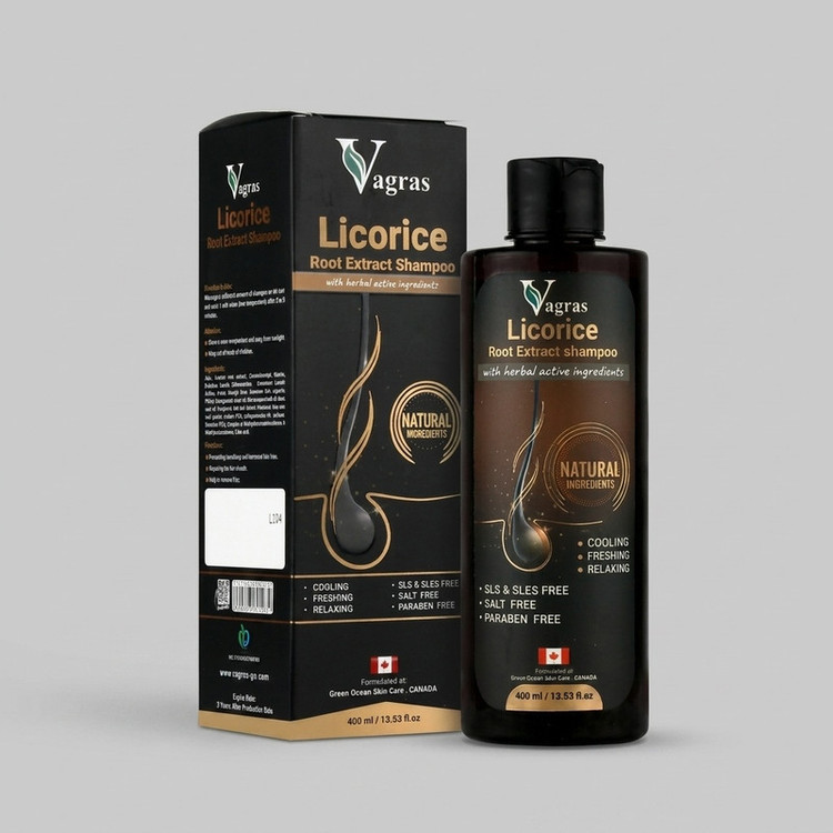شامپو تقویت کننده و ضد ریزش مو واگراس مدل licorice با عصاره ریشه لیکوریس، روغن کرچک، عصاره نعنا و آلوئه ورا حجم 400 میلیلیتر مناسب انواع مو و پوست سر حساس، خشک و معمولی