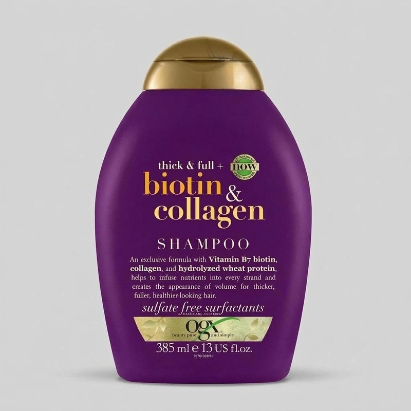 شامپو مو او جی ایکس مدل biotin & collagen حجم 385 میلی‌لیتر، تقویت‌کننده، ضد ریزش، ترمیم‌کننده، آبرسان، براق‌کننده، بدون سولفات، مناسب انواع مو
