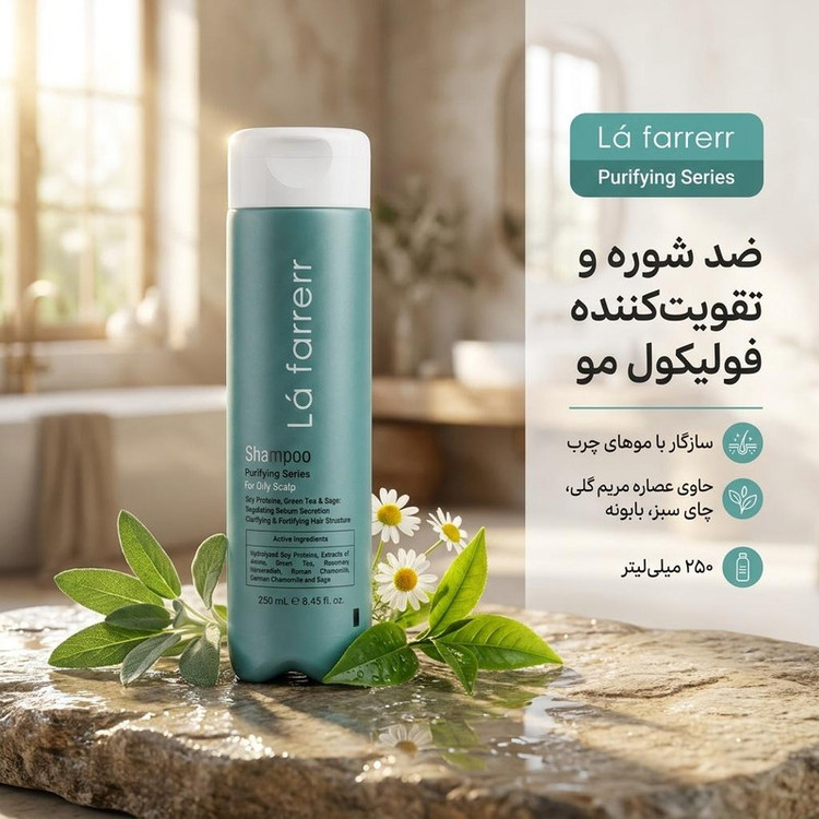 شامپو ضد شوره و تقویتکننده فولیکول مو لافارر سازگار با موهای چرب، حجم 250 میلیلیتر مدل purifying series، حاوی ویتامین B5، پروتئین گندم، بیوتین، زینک، کراتین، بدون سولفات، با قابلیت میزان سازی چربی مو و پوست سر، با عصاره گیاه مریم گلی، چای سبز، بابونه