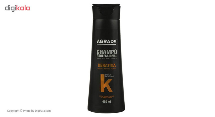 شامپو کراتینه آگرادو مدل KERATIN حجم 400 میلیلیتر، صافکننده، ترمیمکننده، نرمکننده، براقکننده، مناسب انواع موهای شکننده، فر، آسیبدیده و نازک، حاوی کراتین هیدرولیز شده و ویتامین E