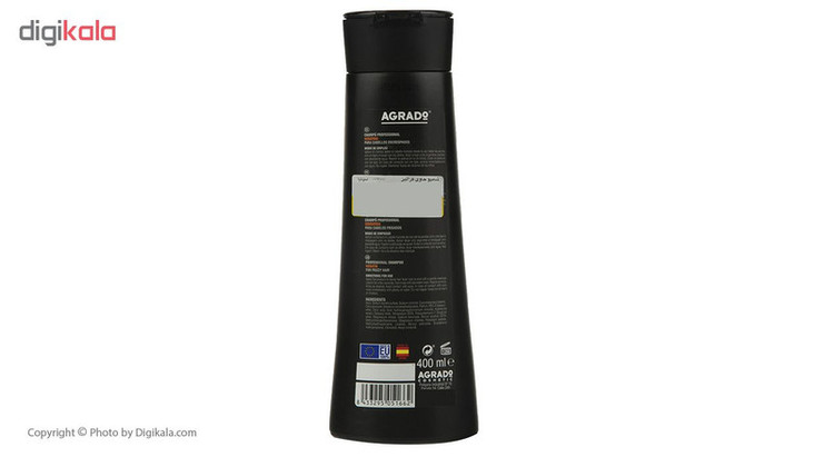 شامپو کراتینه آگرادو مدل KERATIN حجم 400 میلیلیتر، صافکننده، ترمیمکننده، نرمکننده، براقکننده، مناسب انواع موهای شکننده، فر، آسیبدیده و نازک، حاوی کراتین هیدرولیز شده و ویتامین E