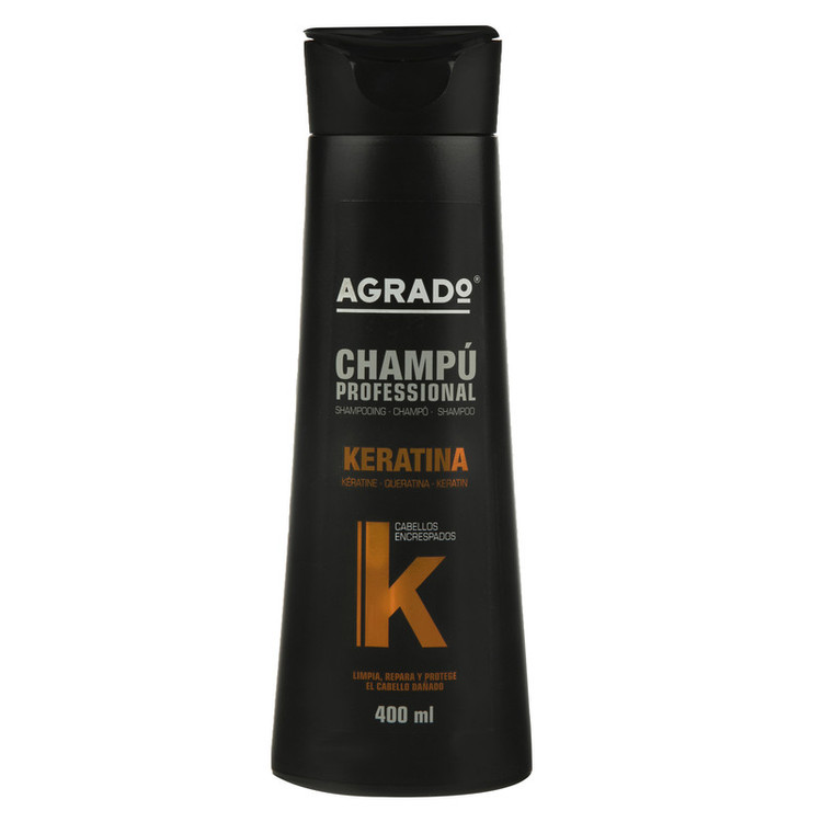 شامپو کراتینه آگرادو مدل KERATIN حجم 400 میلیلیتر، صافکننده، ترمیمکننده، نرمکننده، براقکننده، مناسب انواع موهای شکننده، فر، آسیبدیده و نازک، حاوی کراتین هیدرولیز شده و ویتامین E