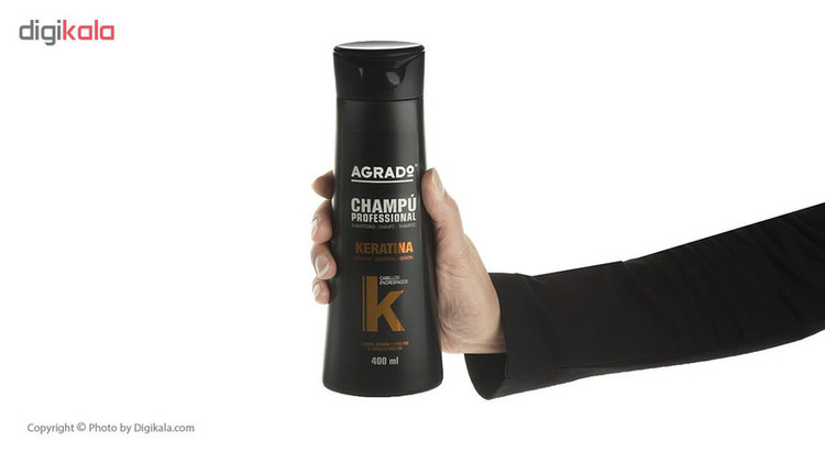 شامپو کراتینه آگرادو مدل KERATIN حجم 400 میلیلیتر، صافکننده، ترمیمکننده، نرمکننده، براقکننده، مناسب انواع موهای شکننده، فر، آسیبدیده و نازک، حاوی کراتین هیدرولیز شده و ویتامین E