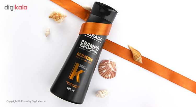 شامپو کراتینه آگرادو مدل KERATIN حجم 400 میلیلیتر، صافکننده، ترمیمکننده، نرمکننده، براقکننده، مناسب انواع موهای شکننده، فر، آسیبدیده و نازک، حاوی کراتین هیدرولیز شده و ویتامین E