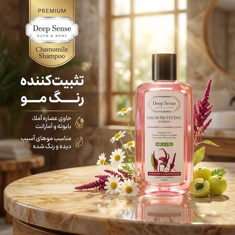 شامپو تثبیت کننده رنگ مو دیپ سنس مدل Chamomile با عصاره آملا، بابونه و آمارانت حجم 200 میلیلیتر مناسب موهای آسیب دیده و رنگ شده