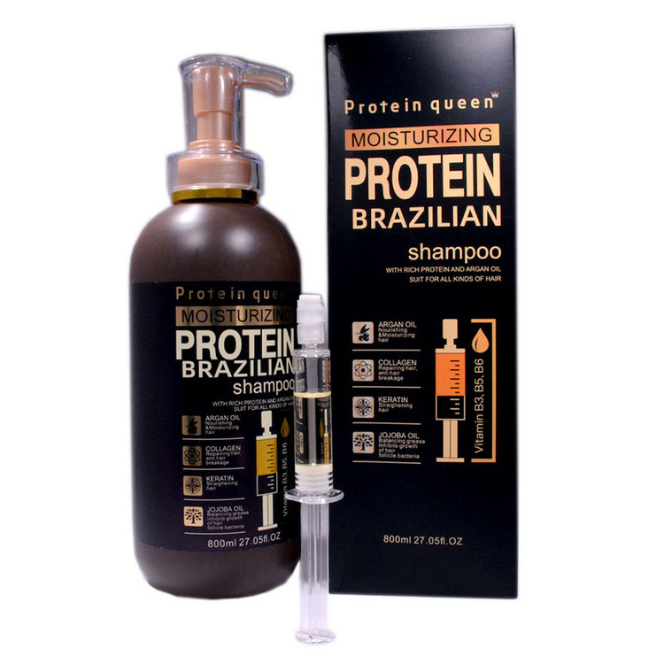 شامپو مو پروتئین کوئین مدل brazilian حجم 800 میلیلیتر، بدون سولفات و پارابن، مناسب موهای رنگ شده، کراتین شده و آسیب دیده، ضد شوره، ضد ریزش، حاوی پروتئین برزیلی، کراتین، آرگان، کلاژن و روغن جوجوبا