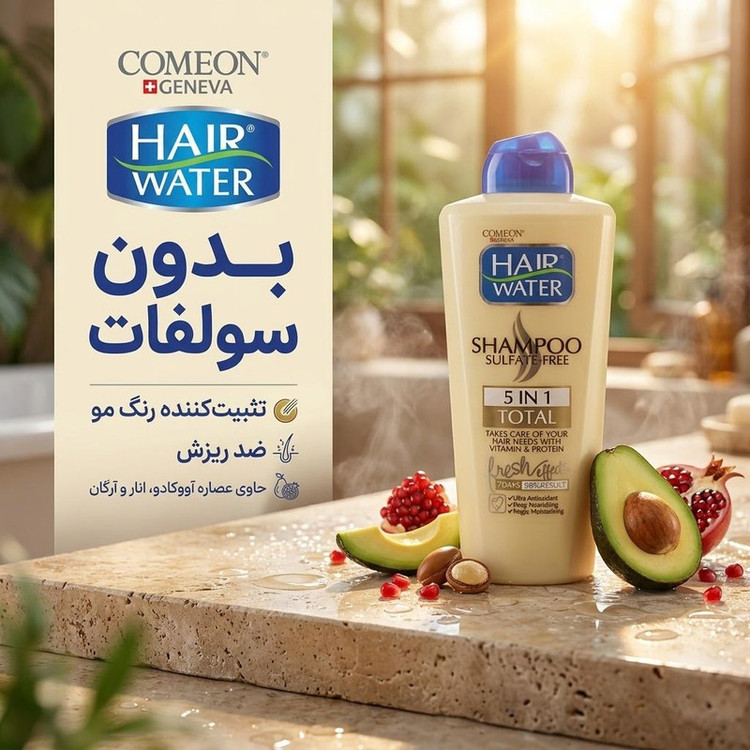 شامپو مو بدون سولفات کامان حجم 400 میلیلیتر، تثبیتکننده رنگ مو، ضد ریزش، حاوی عصاره آووکادو، انار و آرگان، مناسب انواع مو