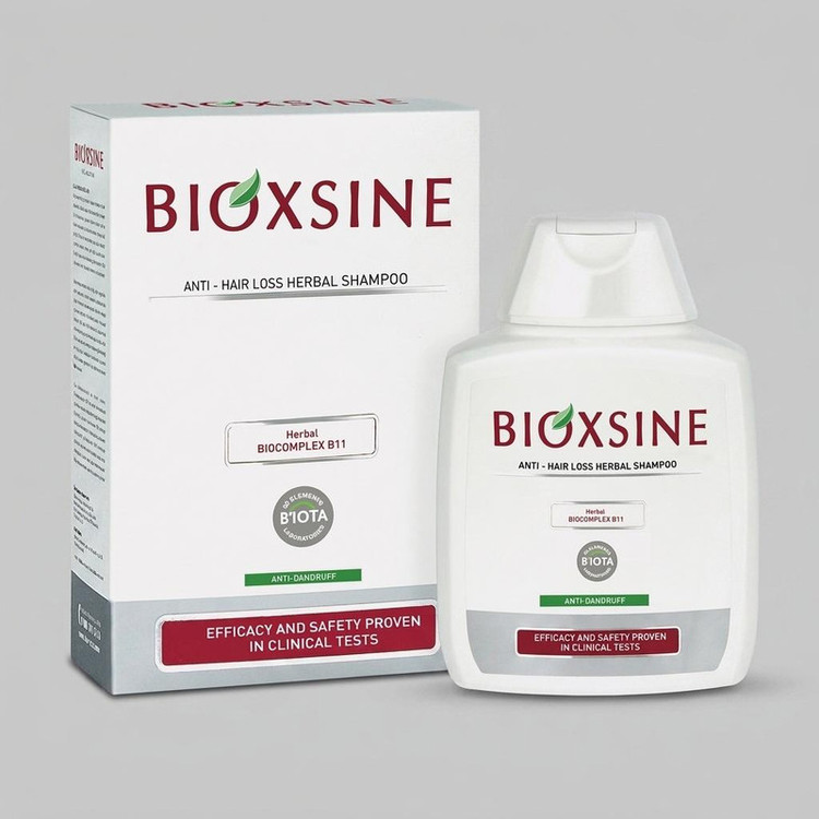 شامپو ضد ریزش و ضد شوره بیوتا مدل BIOXSINE حجم 300 میلیلیتر، تقویتکننده و تغذیهکننده مو با ویتامینها و مواد معدنی، مناسب انواع مو، کاملاً گیاهی و بدون مواد رنگی