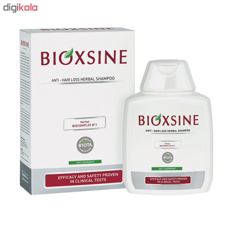 شامپو ضد ریزش و ضد شوره بیوتا مدل BIOXSINE حجم 300 میلیلیتر، تقویتکننده و تغذیهکننده مو با ویتامینها و مواد معدنی، مناسب انواع مو، کاملاً گیاهی و بدون مواد رنگی