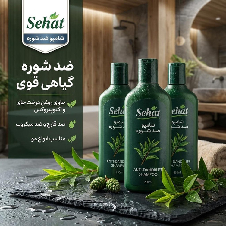شامپو ضد شوره گیاهی صحت حجم 250 میلیلیتر با عصاره روغن درخت چای و اکتوپیروکس، ضد قارچ و ضد میکروب، مناسب انواع مو، مجموعه 3 عددی