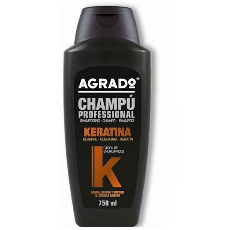 شامپو کراتینه مو آگرادو مدل KERATIN حجم 750 میلیلیتر، نرمکننده، تقویتکننده، ترمیمکننده، صافکننده، درخشانکننده، تثبیتکننده رنگ مو، مناسب انواع مو، حاوی ویتامین E، ضد وز و موخوره
