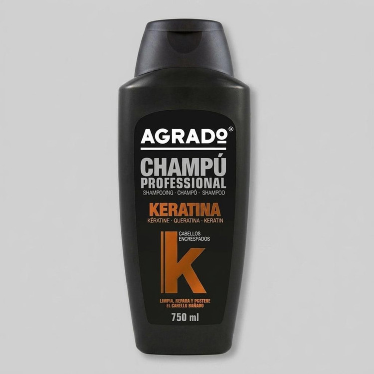 شامپو کراتینه مو آگرادو مدل KERATIN حجم 750 میلیلیتر، نرمکننده، تقویتکننده، ترمیمکننده، صافکننده، درخشانکننده، تثبیتکننده رنگ مو، مناسب انواع مو، حاوی ویتامین E، ضد وز و موخوره