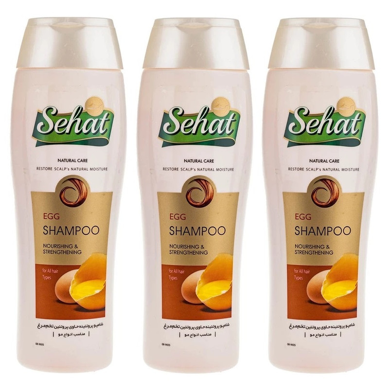 شامپو مو تقویتکننده صحت مدل تخم مرغ حجم 300 میلیلیتر بسته 3 عددی، حاوی عصاره تخم مرغ و گلیسیرین، مناسب انواع مو، افزایش مقاومت و نرمی مو و پوست سر، سرشار از پروتئین