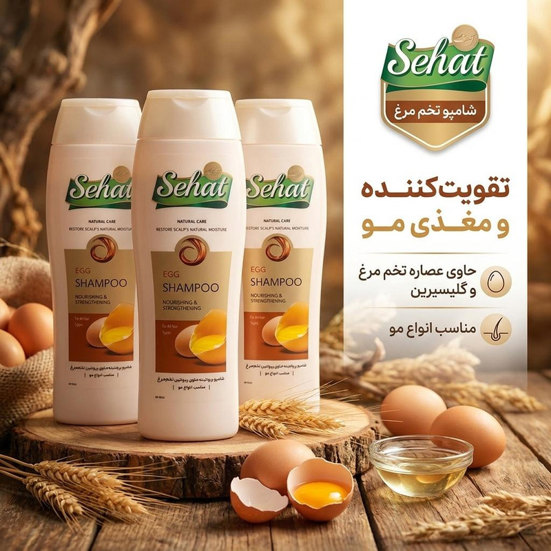 شامپو مو تقویتکننده صحت مدل تخم مرغ حجم 300 میلیلیتر بسته 3 عددی، حاوی عصاره تخم مرغ و گلیسیرین، مناسب انواع مو، افزایش مقاومت و نرمی مو و پوست سر، سرشار از پروتئین