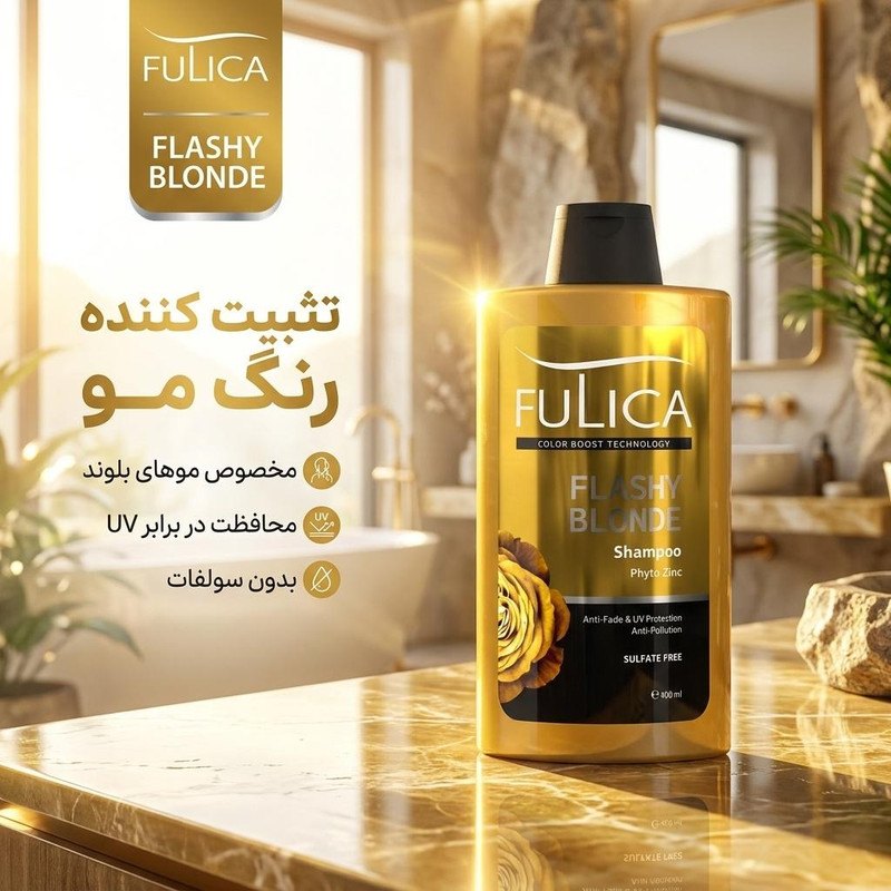شامپو تثبیت کننده رنگ مو فولیکا مدل FLASHY BLONDE مخصوص موهای رنگ شده و بلوند حجم 400 میلیلیتر