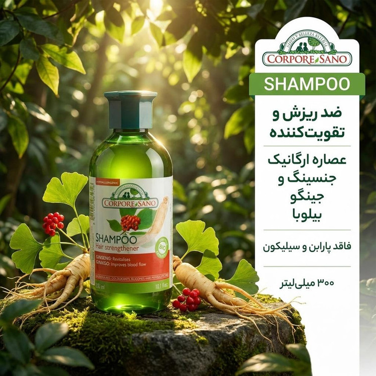 شامپو ضد ریزش مو کورپورسانو مدل TR6587 با عصاره ارگانیک جنسینگ و جینگو بیلوبا، تقویتکننده، نرمکننده، ترمیمکننده، براقکننده، حجم 300 میلیلیتر