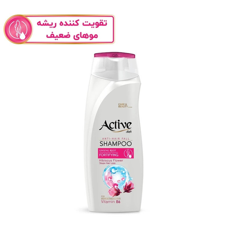 شامپو تقویتکننده و ضد ریزش مو اکتیو مدل گل چای قرمز حجم 350 میلیلیتر بسته 2 عددی، حاوی ویتامین B5 و B6، عصاره گل هیبیسکوس و ریشه جینسنگ، مناسب موهای شکننده و آسیبدیده