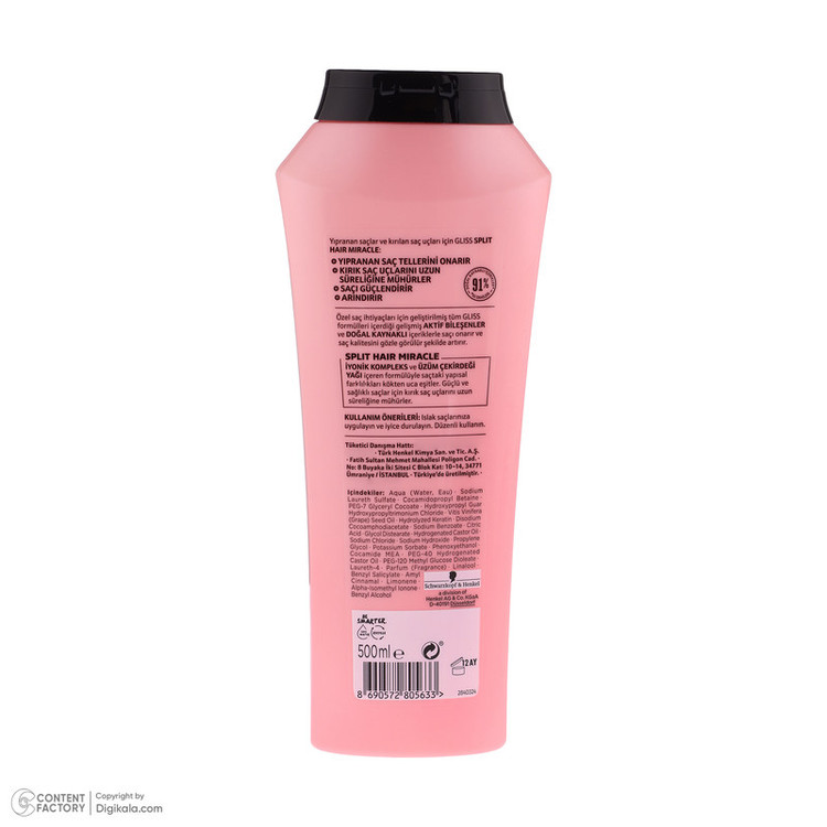 شامپو مو شوآرزکوف مدل Split Hair Miracle حجم 500 میلیلیتر، بازسازیکننده، تقویتکننده، مناسب موهای آسیب دیده، پاکسازی ملایم، ترمیم ساقه مو و پایان شکافها
