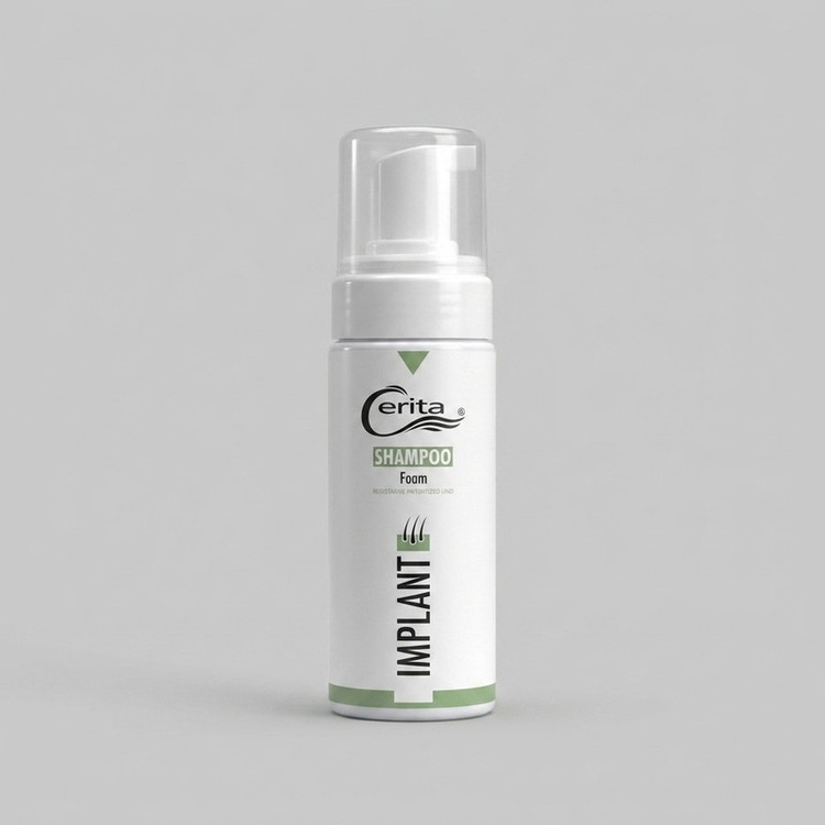شامپو فوم پس از کاشت مو سریتا مدل Implant حجم 150 میلیلیتر، کاهشدهنده چربی، حاوی عصاره چای سبز و ریشه بابا آدم، افزایش استحکام ریشه مو و رفع التهاب پوست سر